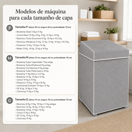 Capa p/ Máquina de Lavar - Electrolux, Brastemp, Consul e outras - 8, 9, 10, 11, 12, 13, 14, 15, 16, 17, 18Kg