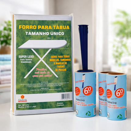 Combo Forro Térmico p/ Tábua de Passar + Rolinho Adesivo Tira Pelos 60 Folhas c/ 2 Refis