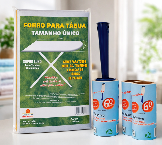 Combo Forro Térmico p/ Tábua de Passar + Rolinho Adesivo Tira Pelos 60 Folhas c/ 2 Refis
